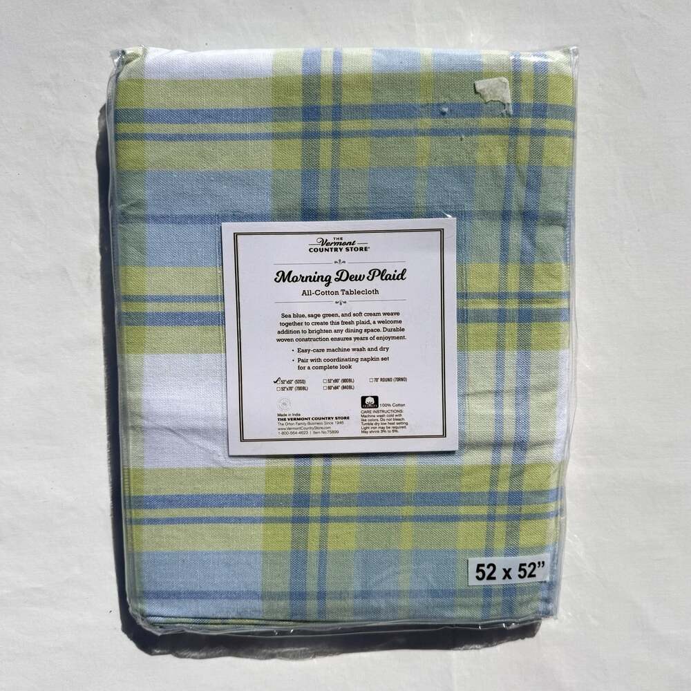 The Vermont Country Store Morning Few Plaid Cotton Tablecloth Green Blue 52X52